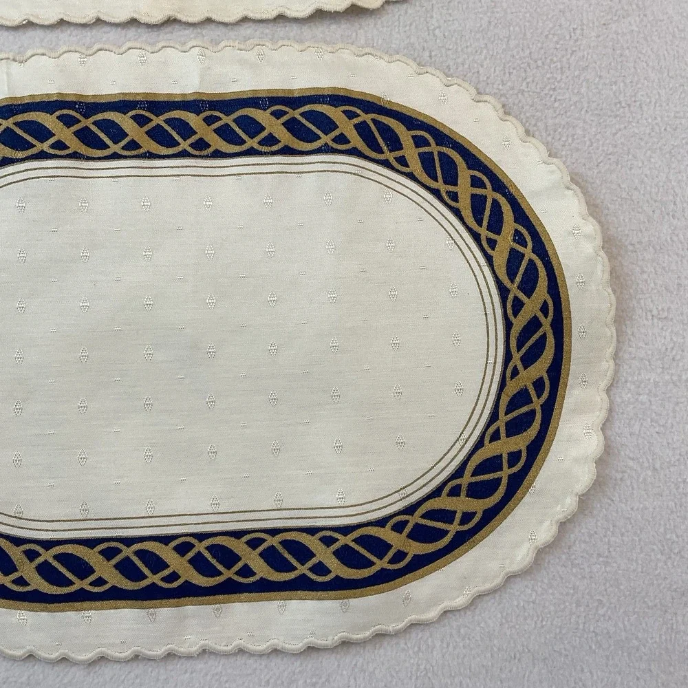 Lenox Hamilton Oval Placemats Cloth Set Of 2 Ivory Gold Navy Blue Vintage Lot #6